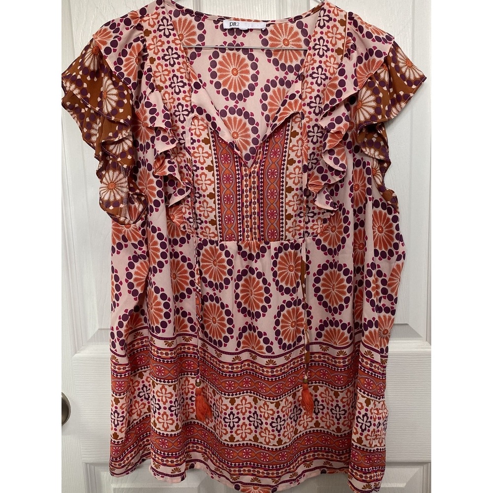 DR2 Floral Pull Over‎ Women's Blouse Orange/Plum See Measurements Sz. M?